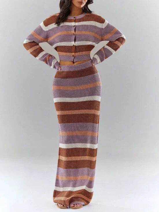 Casual Women's Striped Long Sleeve Knit Cardigan And Knit Skirt Set - Picture 6 of 7